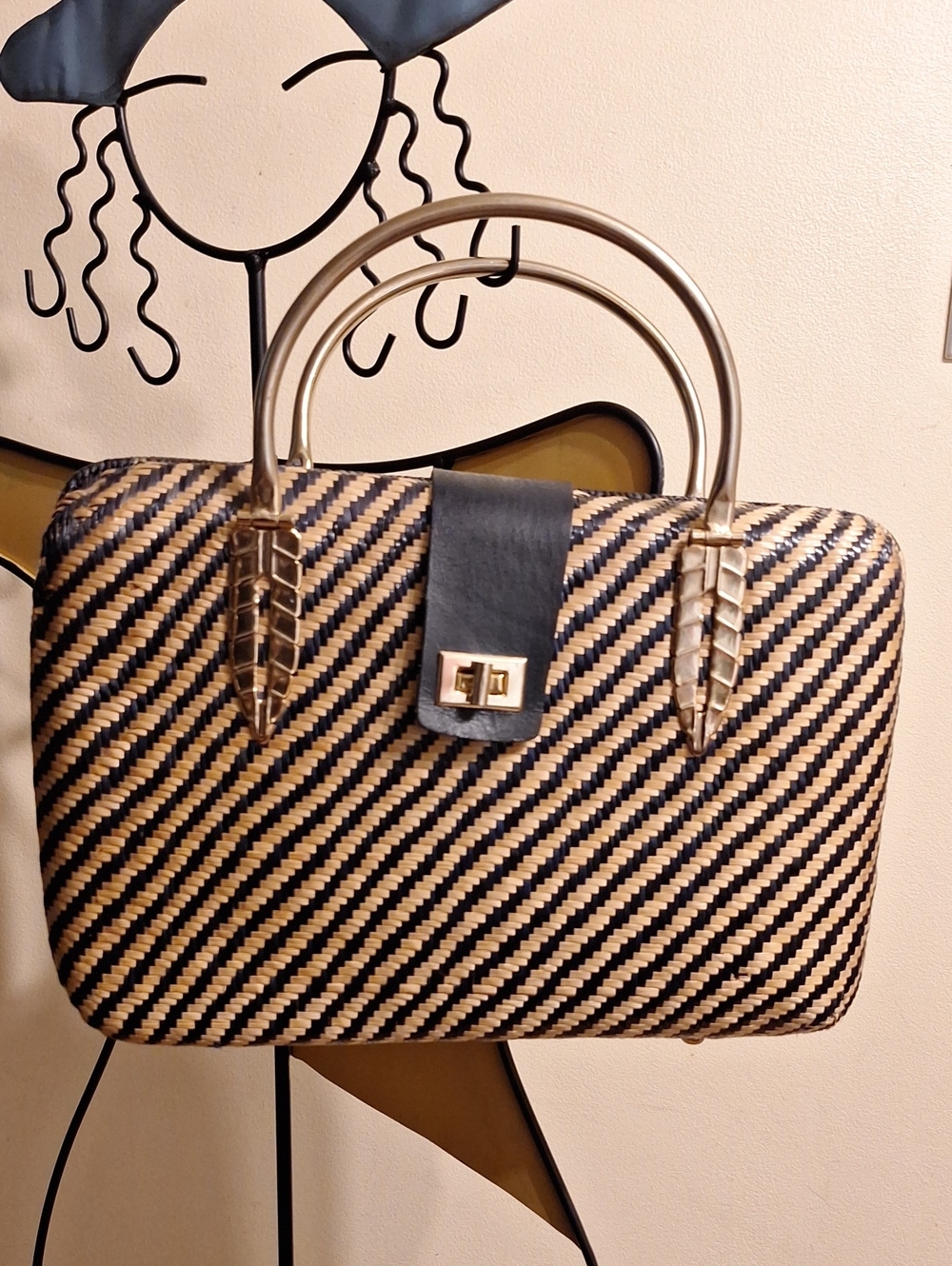 Woven Black and Tan Top-Handle Gold Steel Handles Women’s Bag